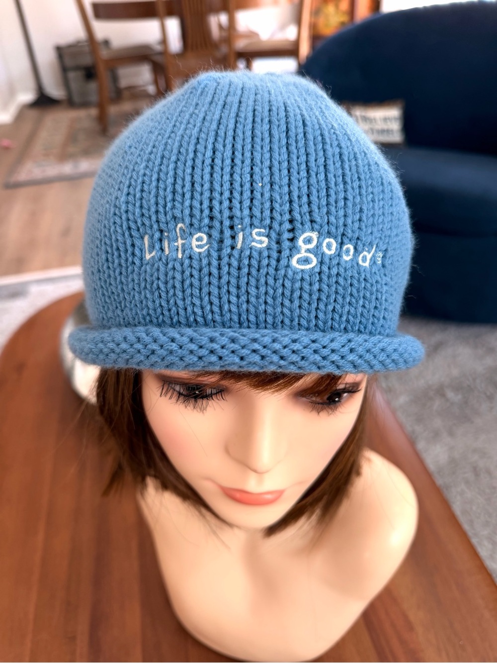 Life Is Good Blue Knit Beanie Hat Embroidered Rolled Brim Acrylic One Size